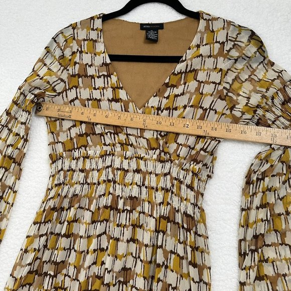 BCBGMaxazria Women's Boho Bell Sleeve Sheer Lined Mini Dress Size XS Gold Brown - Picture 6 of 11